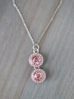 Pink Round Halo CZ Diamond Drop Pendant Necklace Silver Stainless Steel